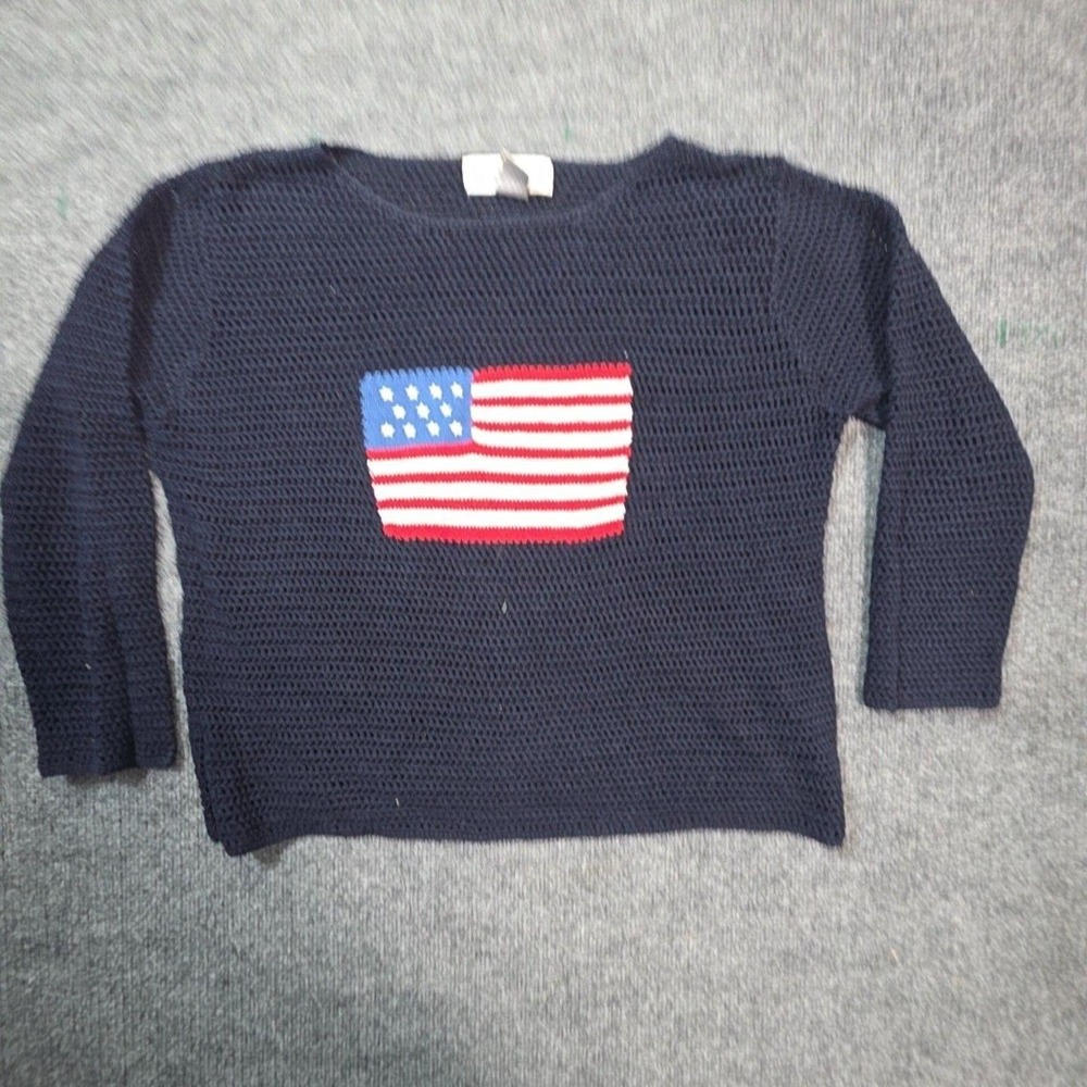 Norton Studio Sweater Womens 1X Blue Cotton American Flag Open Knit Pullover